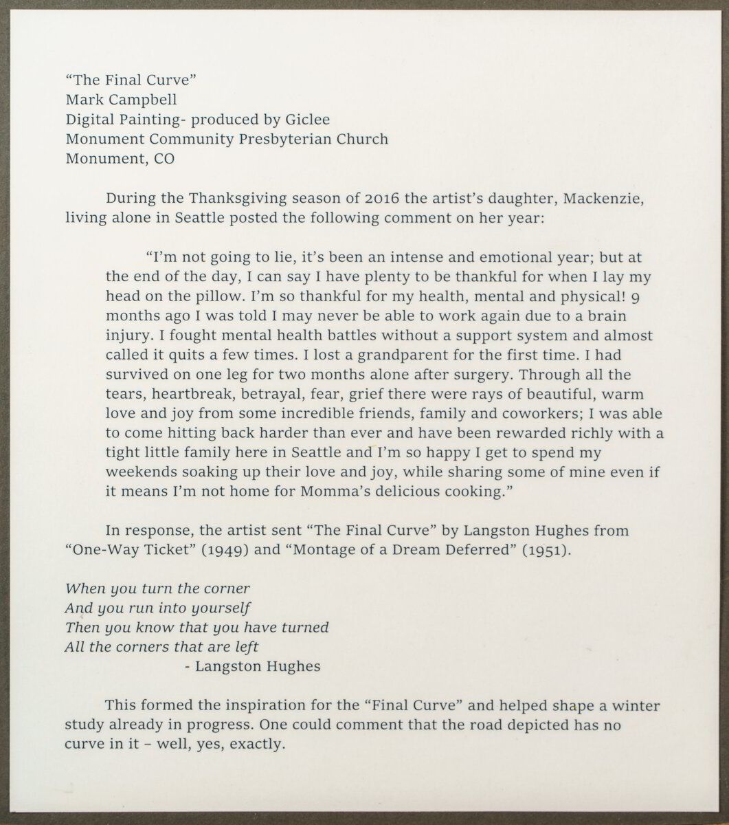 Printed artist statement card for artwork 9