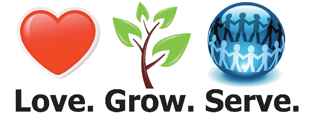 Love. Grow. Serve. A red heart, a green tree and a globe of people holding hands